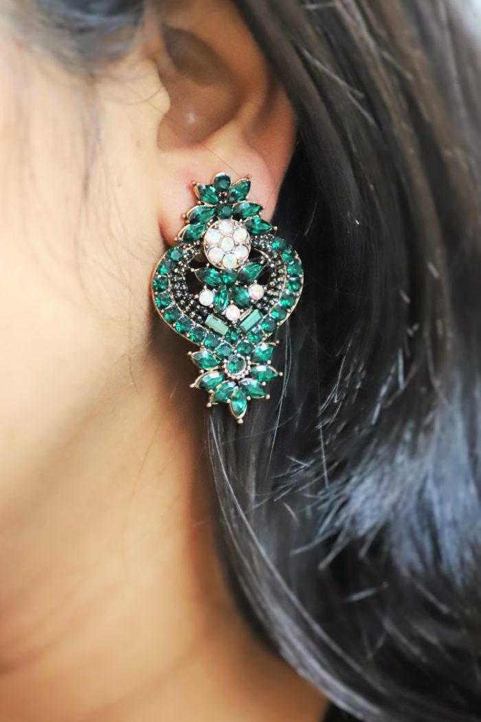 Regal Emerald Bloom Earrings – Vintage Statement Crystal Studs - Image 7