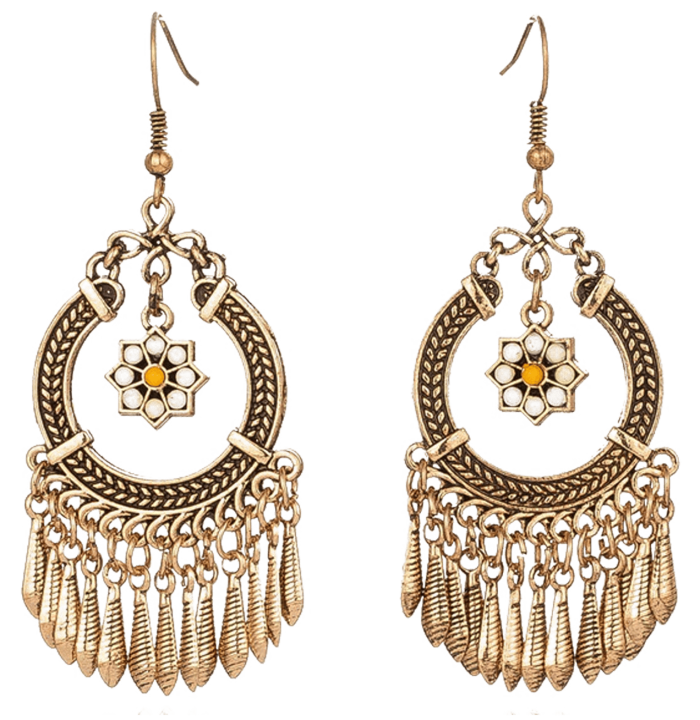 Vintage Bohemian Chandelier Earrings – Floral Charm & Feather Fringe - Image 2