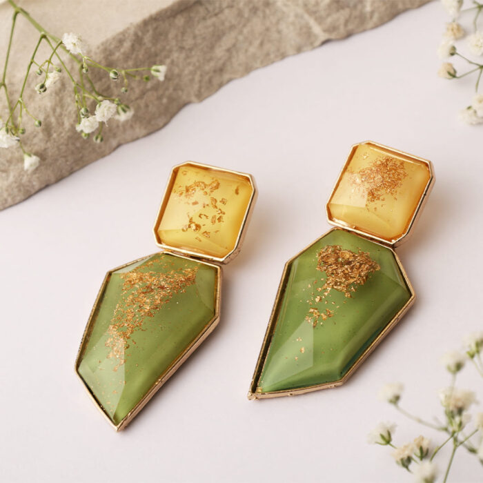 Golden Glow Green Geometric Resin Earrings - Image 7