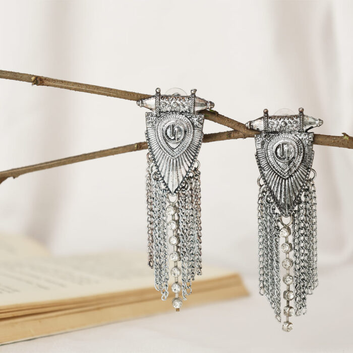 Ethereal Warrior Silver Oxidized Dangler Earrings - Image 4