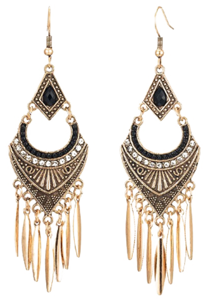 Bohemian Vintage Gold-Toned Dangle Earrings with Black Stones - Image 2