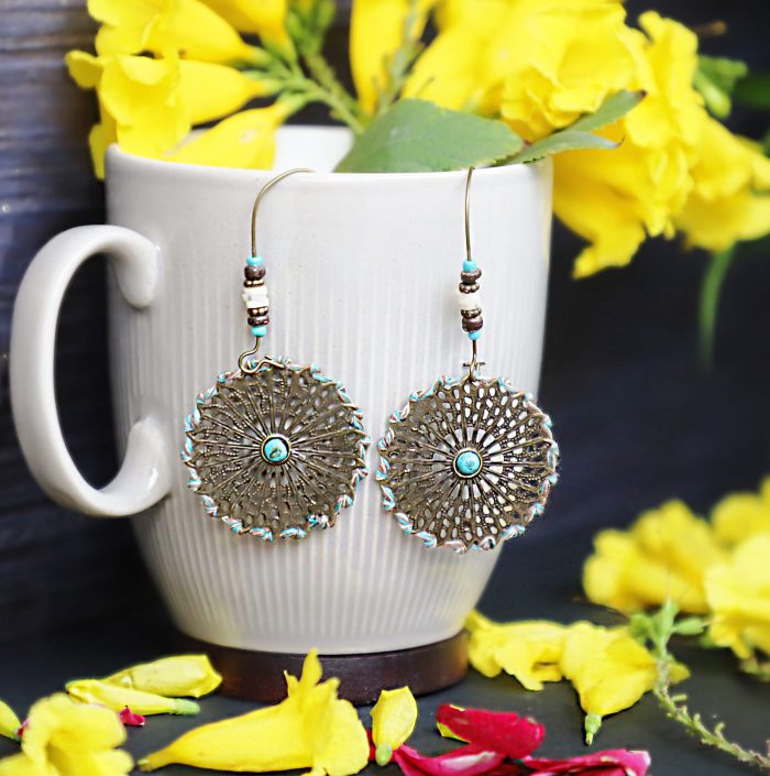 Bohemian Sunburst Mandala Earrings – Vintage Charm with a Touch of Turquoise - Image 4