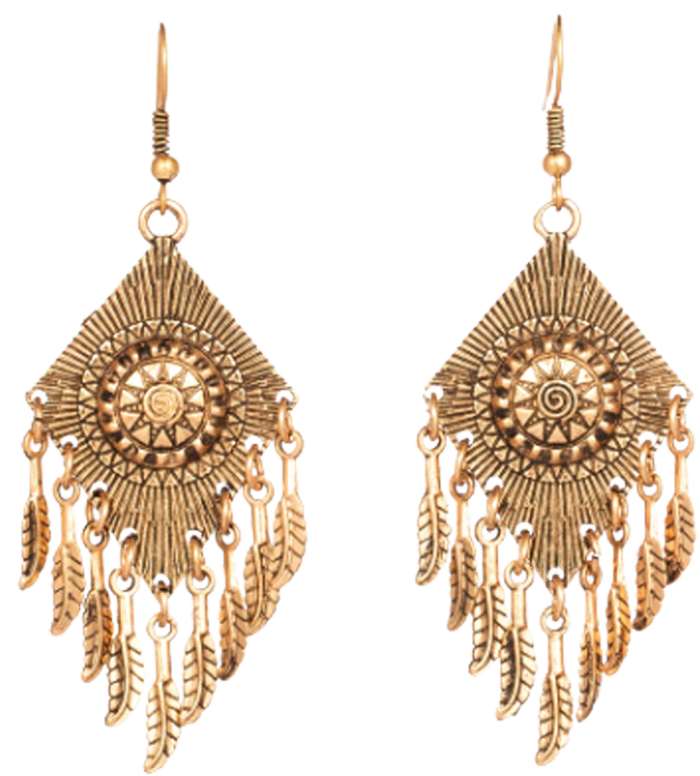 Bohemian Tribal Gold-Toned Dangle Earrings with Feather Charms - Image 2