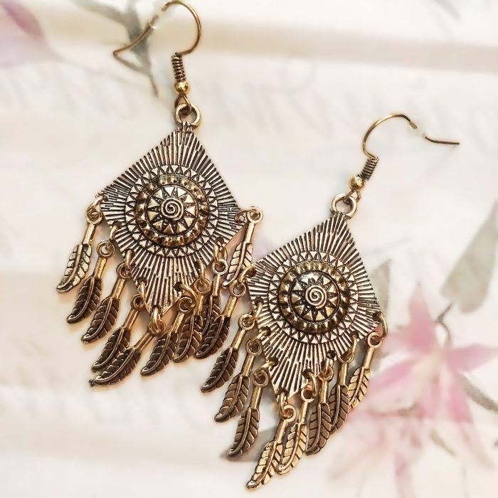 Bohemian Tribal Gold-Toned Dangle Earrings with Feather Charms - Image 4