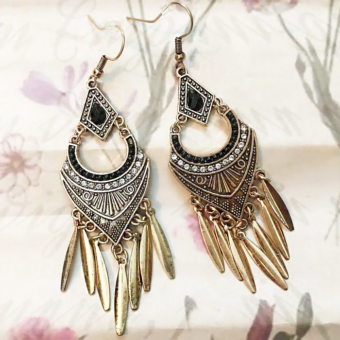 Bohemian Vintage Gold-Toned Dangle Earrings with Black Stones - Image 3