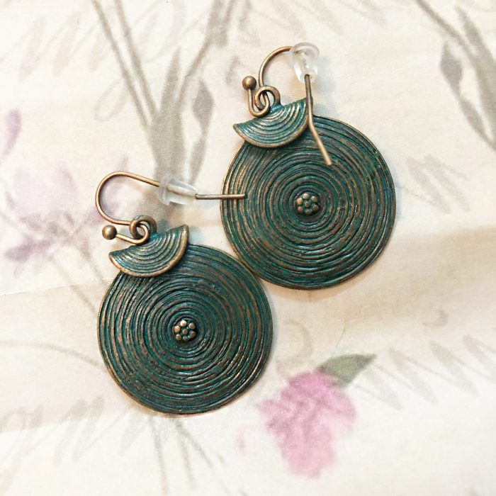 Rustic Spiral Boho Earrings – Antique Green Patina Finish