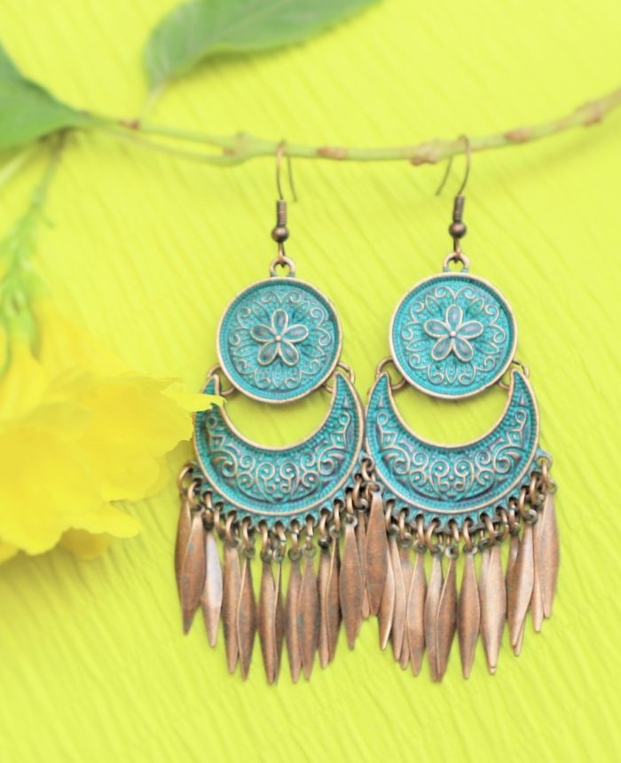 Enchanted Boho Green Patina Earrings – Vintage Tribal Elegance - Image 2