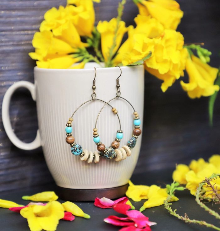 Boho Chic Beaded Hoop Earrings – Earthy Elegance with Turquoise Accents - Image 3