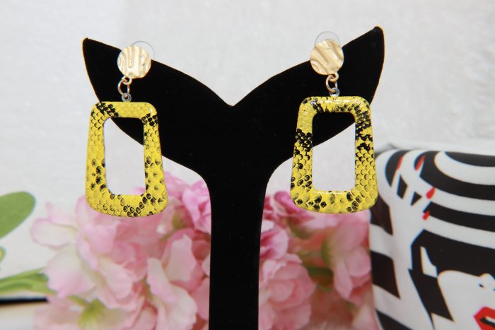 Bold Yellow Snake Print Rectangle Earrings – Edgy & Chic - Image 4