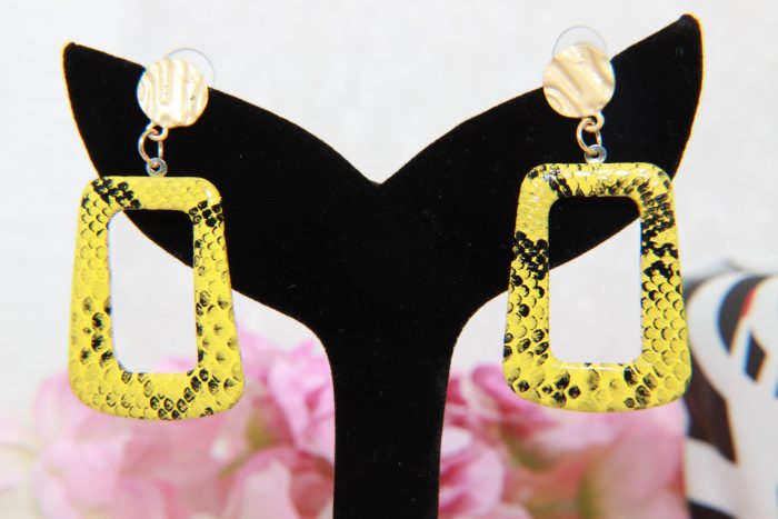 Bold Yellow Snake Print Rectangle Earrings – Edgy & Chic - Image 3