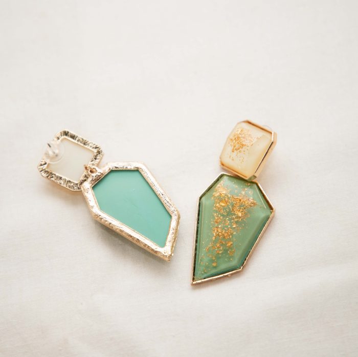 Golden Glow Green Geometric Resin Earrings - Image 3