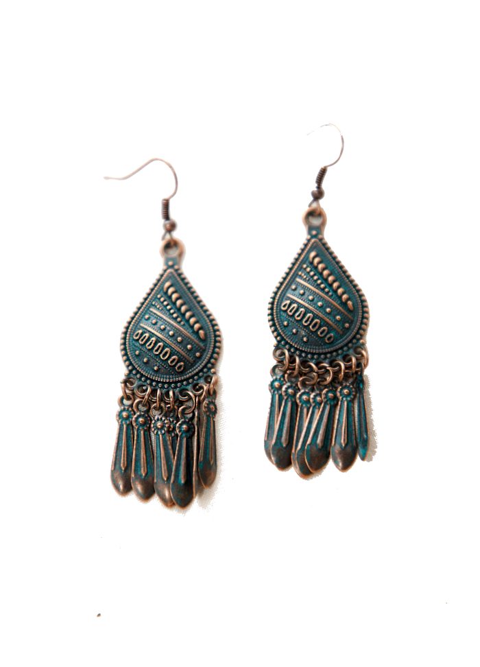 Rustic Teardrop Boho Earrings – Vintage Patina Charm with Ethnic Fringe - Image 2