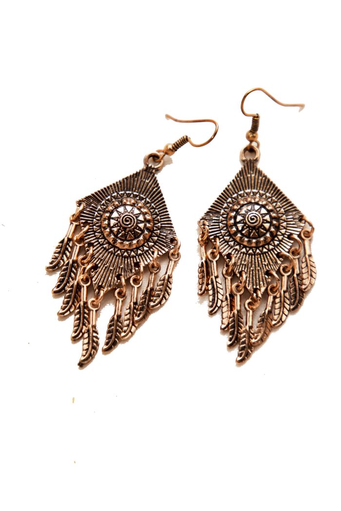 Bohemian Tribal Gold-Toned Dangle Earrings with Feather Charms