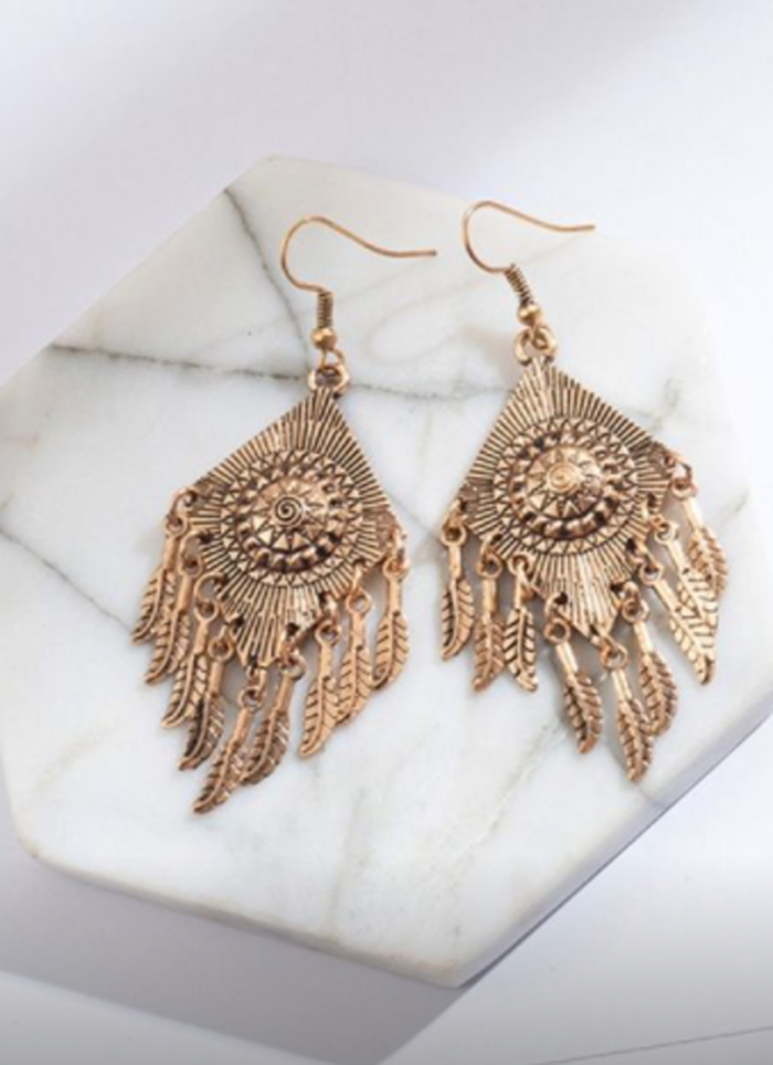 Bohemian Tribal Gold-Toned Dangle Earrings with Feather Charms - Image 3