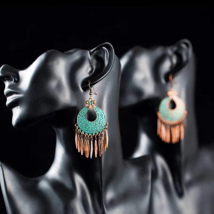 Bohemian Vintage Oxidized Green Dangle Earrings - Image 2