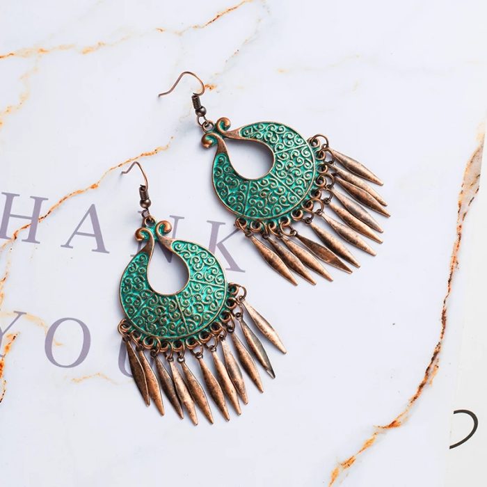 Bohemian Vintage Oxidized Green Dangle Earrings - Image 3