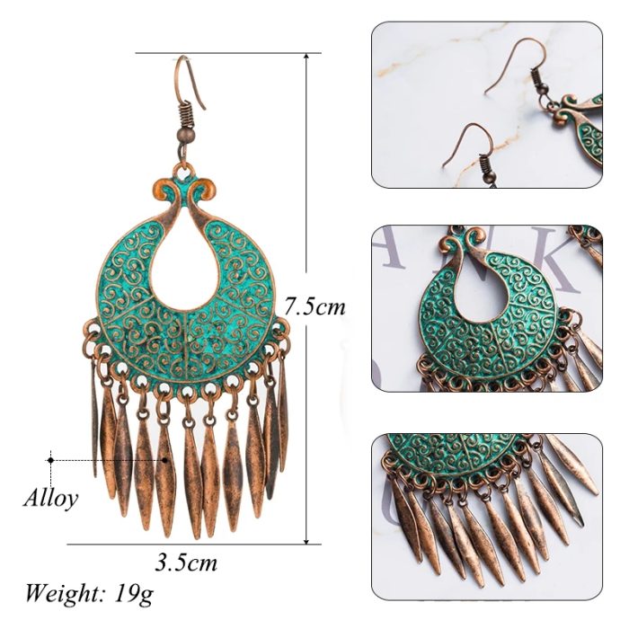 Bohemian Vintage Oxidized Green Dangle Earrings - Image 4