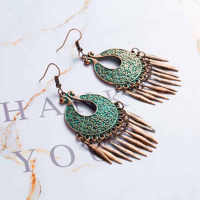 Bohemian Vintage Oxidized Green Dangle Earrings - Image 5