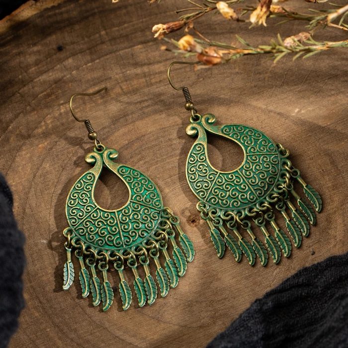 Bohemian Vintage Oxidized Green Dangle Earrings - Image 7