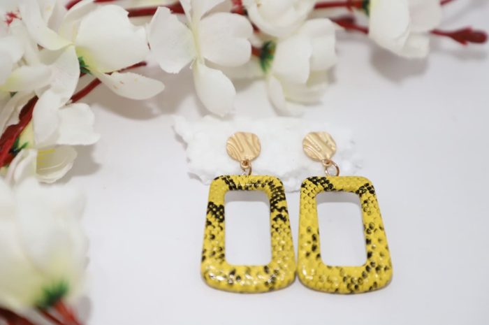 Bold Yellow Snake Print Rectangle Earrings – Edgy & Chic